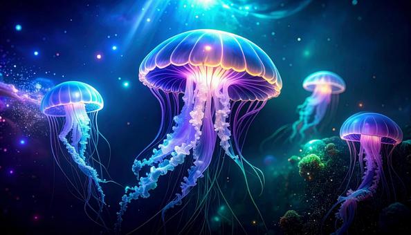 幻想的に輝くクラゲの群れ 幻想的に輝くクラゲの群れの写真