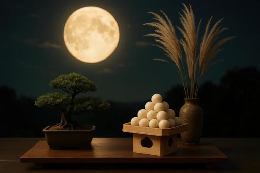 盆栽と一緒に飾られた月見団子 盆栽と一緒に飾られた月見団子の写真