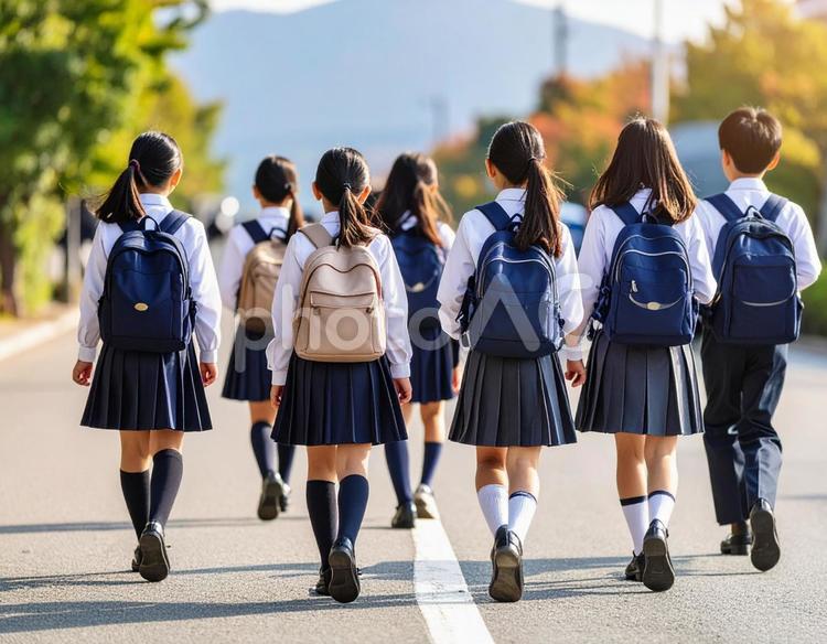 通学中の子供達の後ろ姿 通学,子供,風景の写真素材