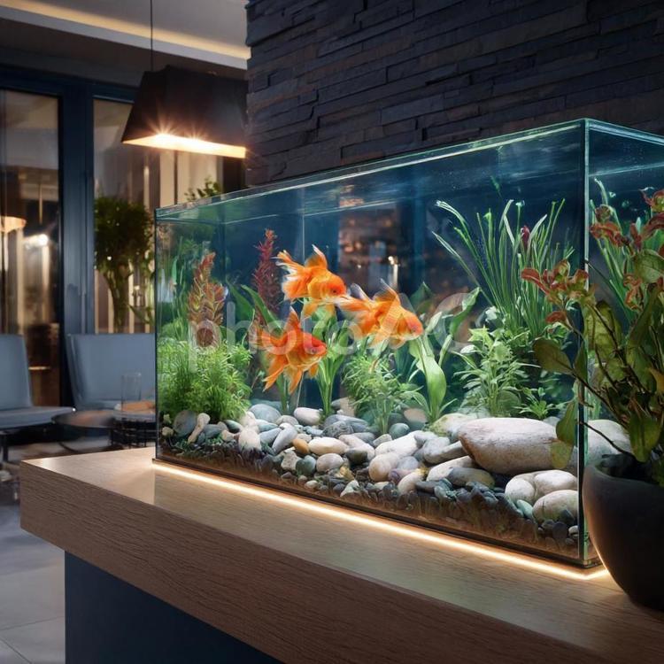 美しく飾られた金魚入りの家庭用水槽 水槽,アクアリウム,金魚の写真素材