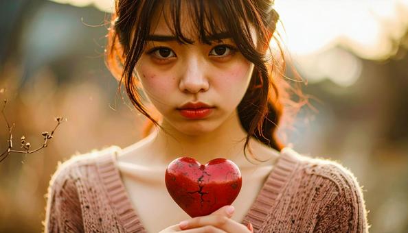 破れたハートを持って悲しそうな顔の女性 破れたハートを持って悲しそうな顔の女性の写真