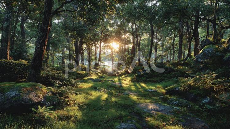 光に包まれた深緑の森の小道 森,林,森林の写真素材