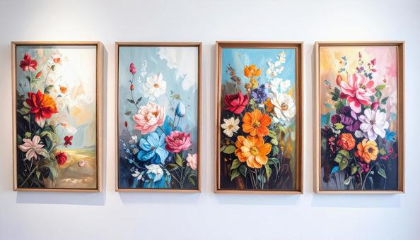 白い壁に4枚の油絵 白い壁に4枚の油絵の写真