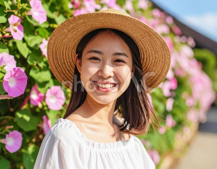 夏の朝・朝顔と麦わら帽子の彼女 女性,朝顔,夏の写真素材