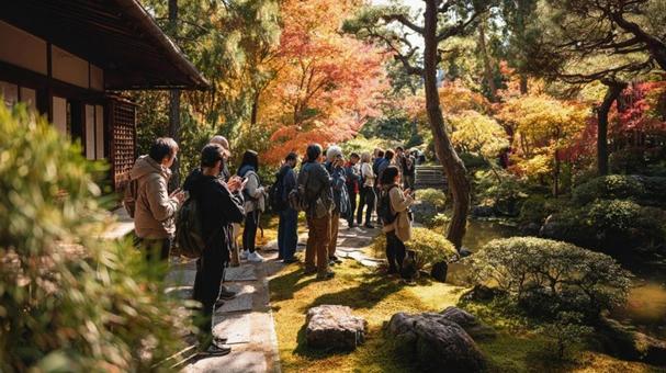 日本庭園と外国人観光客 日本庭園と外国人観光客の写真