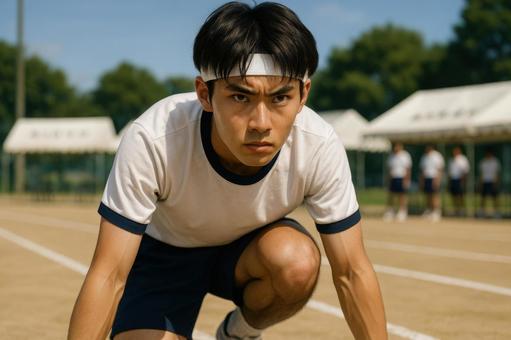 スタートラインに立つ真剣な高校生の写真