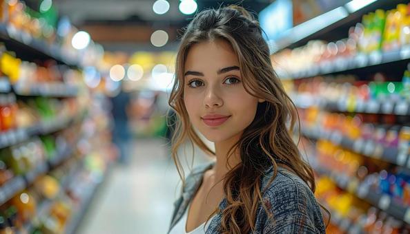 スーパーで買物をする女性のポートレート スーパーで買物をする女性のポートレートの写真