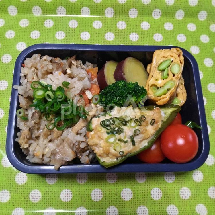 葱散らす混ぜご飯と肉詰め弁当 卵焼き,作り置き,自炊の写真素材