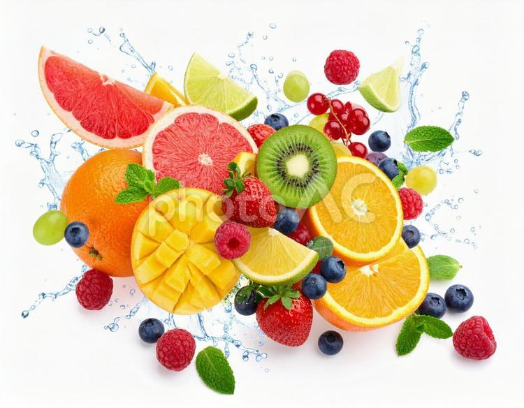 弾けて散らばるフルーツ フルーツ,果物,ミントの写真素材