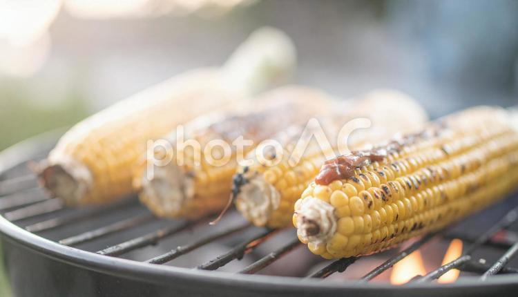 とうもろこしの炭火焼き とうもろこし,たれ,煙の写真素材