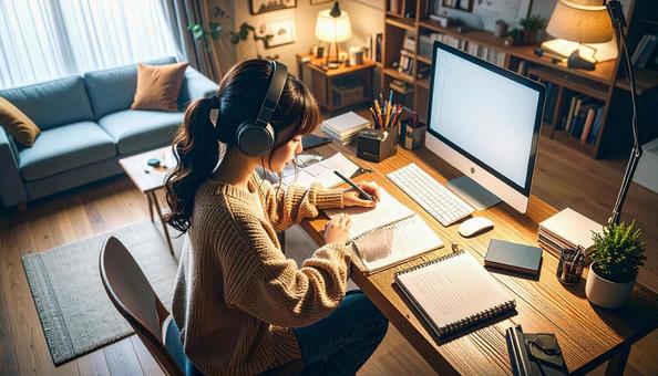お気に入りの音楽を聴きながら勉強する女性の写真