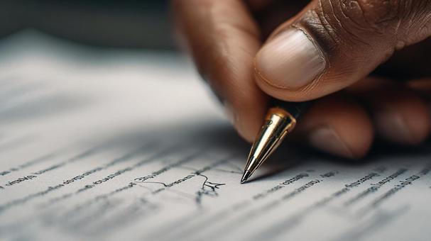 ビジネスシーンにも：契約書に署名する手の写真