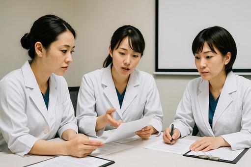 会議する女性医師 会議する女性医師の写真