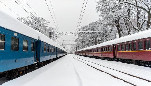 雪化粧した列車の車両基地 雪化粧した列車の車両基地の写真
