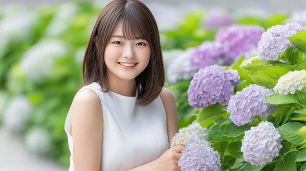 アジサイと女性 アジサイと女性の写真
