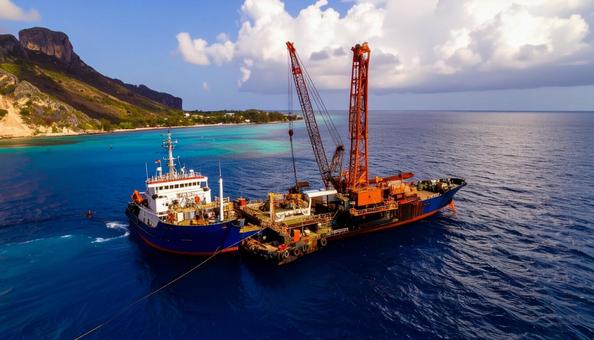 海で作業する作業船 起重機船 海で作業する作業船 起重機船の写真