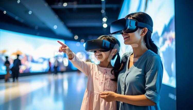 VRゴーグルで博物館展示を見る親子 vr,仮想現実,恐竜の写真素材