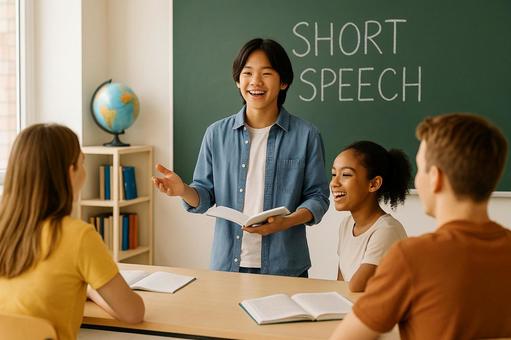英語スピーチをする生徒 英語スピーチをする生徒の写真