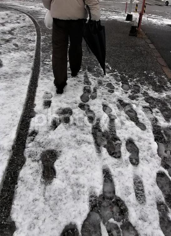 アスファルトに積もった雪の上を歩く 男性,雪,傘の写真素材