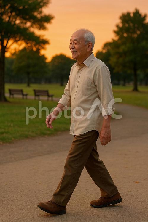 夕暮れの公園を歩く高齢男性 男性,高齢者,シニアの写真素材