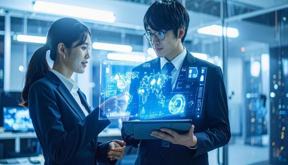 ホログラムのデータを見ながら議論 ホログラムのデータを見ながら議論の写真
