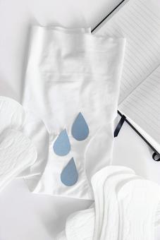 ショーツと紙でできたしずくと生理用ナプキンと手帳 生理,月経,生理用品の写真素材