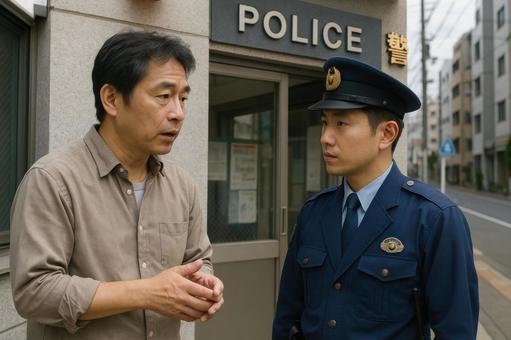 警察署前で相談する男性 警察署前で相談する男性の写真