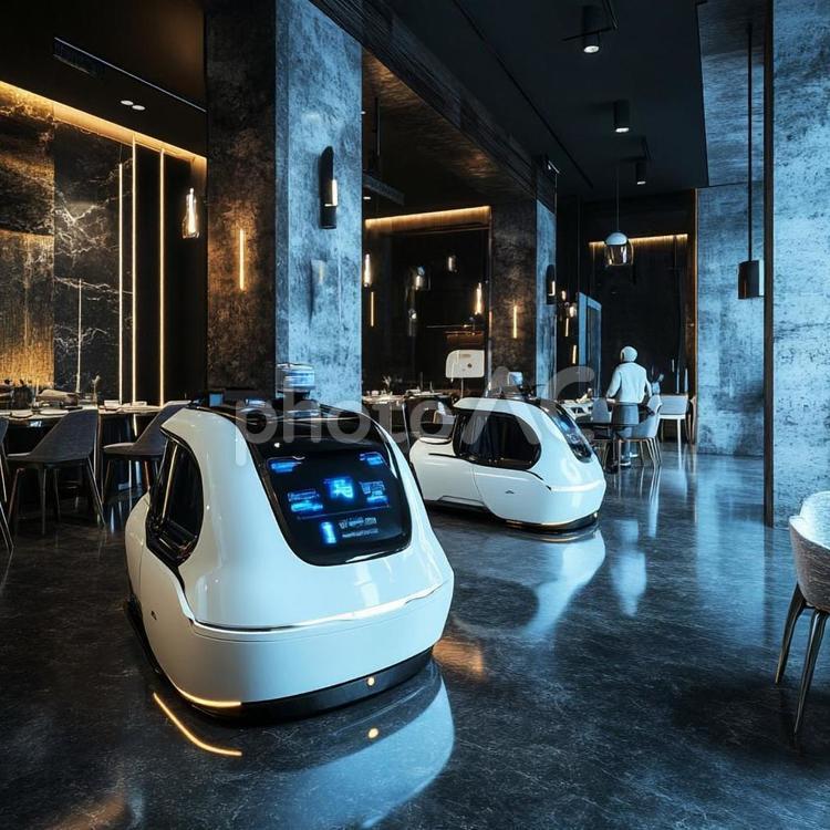 未来型レストランの配膳ロボット導入風景 レストラン,配膳ロボット,自動化の写真素材