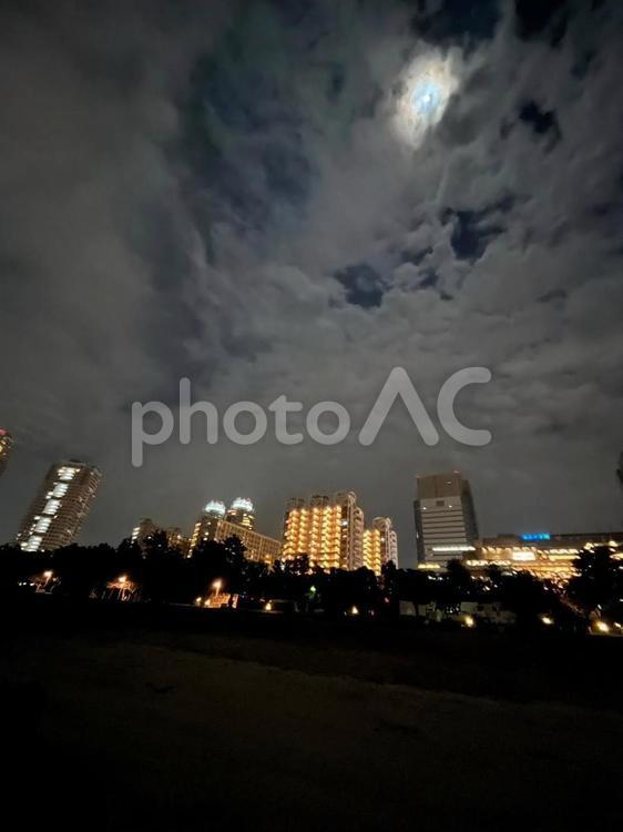 お台場の夜景と朧月夜 お台場,自由の女神,レインボーブリッジの写真素材