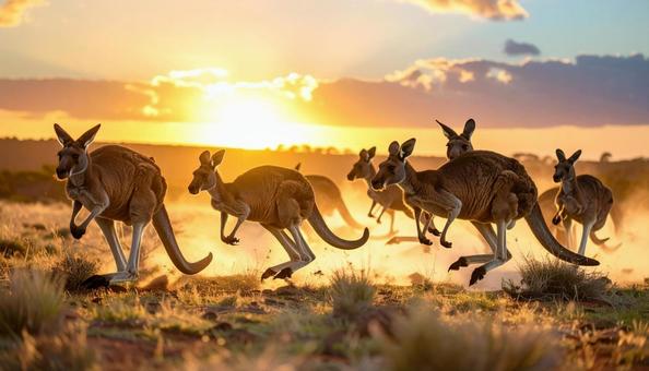夕焼けを背景に走るカンガルーの群れ 夕焼けを背景に走るカンガルーの群れの写真