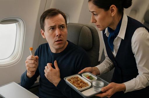 機内での食事に驚く乗客の写真