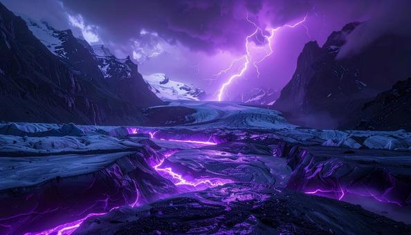 紫電に照らされる氷河の裂け目 紫電に照らされる氷河の裂け目の写真
