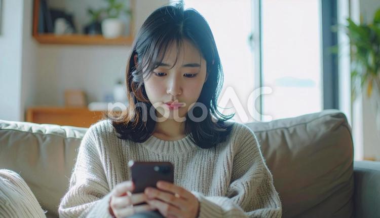 不安げにスマホを見る女性 女性,人物,1人の写真素材