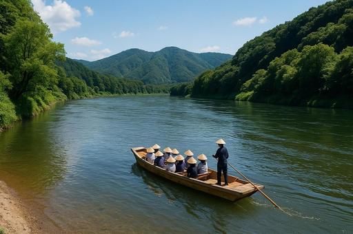 最上川と舟の伝統風景・夏の自然風景・清流 最上川と舟の伝統風景・夏の自然風景・清流の写真