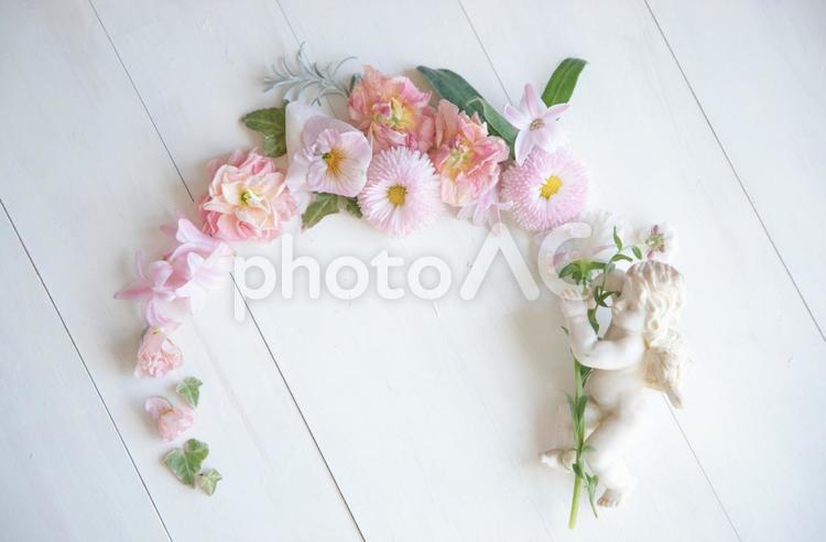 ピンクの花たちと天使三日月型 花,ピンク,春の写真素材