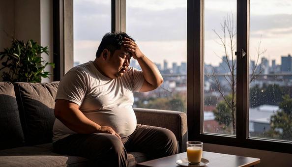 肥満で疲れやすく、額に手をやる男性 肥満で疲れやすく、額に手をやる男性の写真
