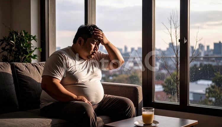 肥満で疲れやすく、額に手をやる男性 太い,デブ,大きいの写真素材