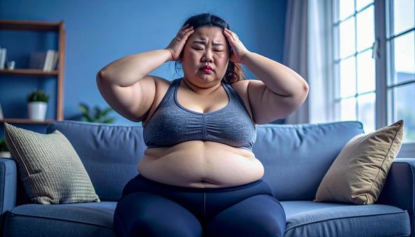 肥満で疲れやすく、額に手をやる女性 肥満で疲れやすく、額に手をやる女性の写真