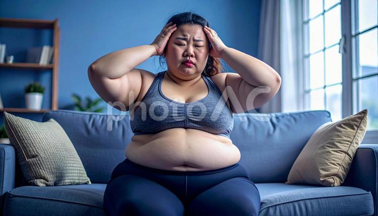 肥満で疲れやすく、額に手をやる女性 太い,デブ,大きいの写真素材