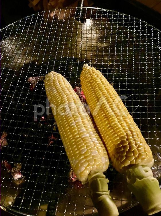 網の上で焼かれる夏の味覚 とうもろこし,トウモロコシ,野菜の写真素材