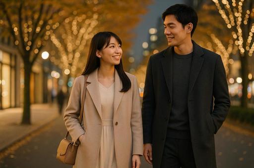 イルミネーション通りを歩く男女 イルミネーション通りを歩く男女の写真