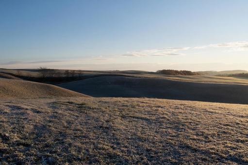 霜降る早朝の丘に金色に輝く日の出 丘,牧草地,霜の写真素材