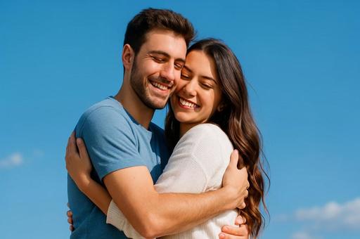 抱き合う笑顔のカップル・ハグする恋人・愛 抱き合う笑顔のカップル・ハグする恋人・愛の写真