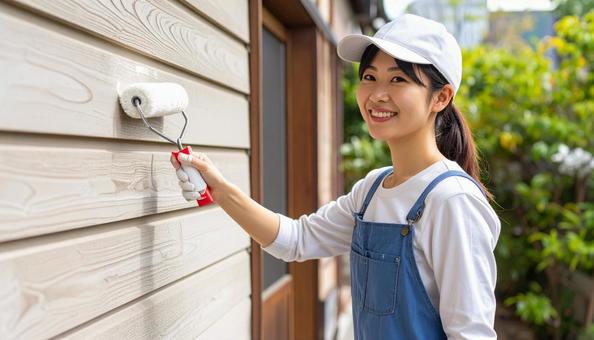 DIYで外壁塗装する女性 DIYで外壁塗装する女性の写真