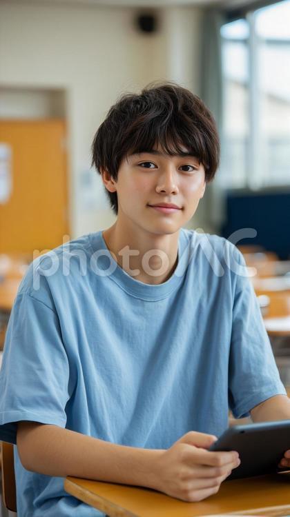 教室でタブレット学習に取り組む男子学生 男子,学生,タブレットの写真素材