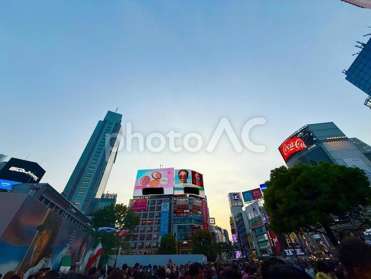 マジックアワーの渋谷のビル群と看板 青空,空,絶景の写真素材