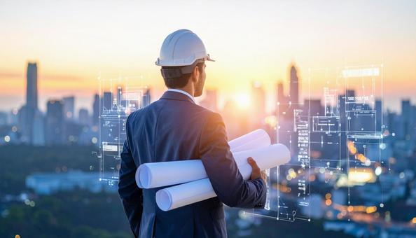 建築図面を持つ設計士と都市開発のイメージ 建築図面を持つ設計士と都市開発のイメージの写真