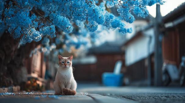 青い花と町中の猫 青い花と町中の猫の写真