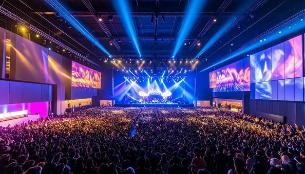 音と光が踊る屋内フェスの写真