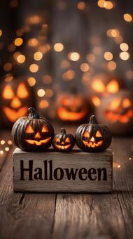 ハロウィン文字入り木材と光るかぼちゃたち ハロウィン文字入り木材と光るかぼちゃたちの写真